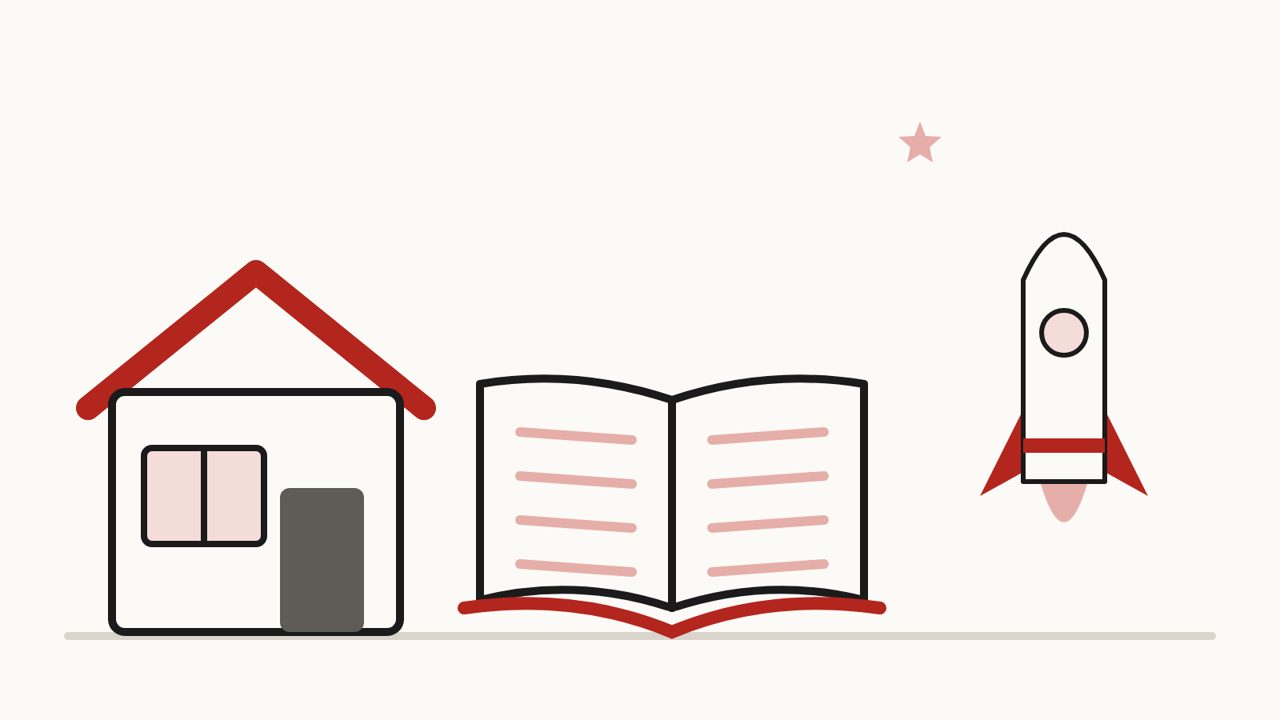 Рисунок: дом, открытая книга и ракета